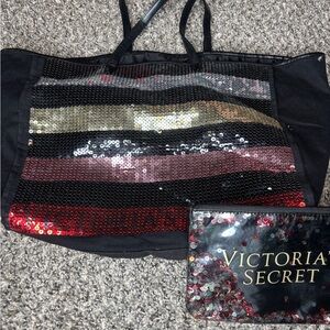 Victoria's Secret Black and Sequin Striped Tote